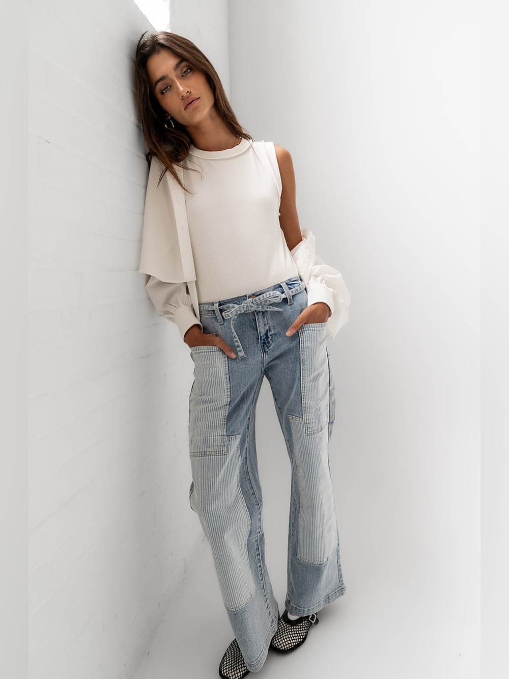 Bohme Alice Patchwork Wide Leg Light Wash Jeans Size 27